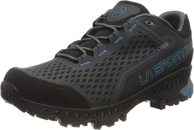 Una scarpa da trail running La Sportiva GTX nera e grigio scuro con suola testurizzata e accenti blu, vista da un'angolazione frontale.
