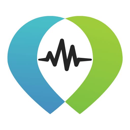 Una forma di cuore blu e verde con una linea nera di elettrocardiogramma al centro, che simboleggia la salute o le cure mediche.