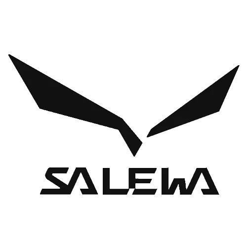 Logo grafico angolare nero a forma di ali sopra la parola SALEWA in carattere geometrico stilizzato su sfondo bianco.